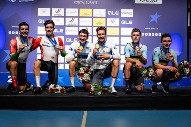 LEITAO Iuri, NARCISO Diogo, AUGENSTEIN Moritz, KLUGE Roger, HESTERS Jules, DE BUYST Jasper UEC Track Cycling European Championships Konya 2026 LEITAO Iuri NARCISO Diogo POR Portugal Second Place AUGENSTEIN Moritz KLUGE Roger GER Germany Winner First Place HESTERS Jules DE BUYST Jasper BEL Belgium Third Place Award Ceremony Medal Ceremony Podium landscape format horizontal Landscape Event Event UEC Track Cycling European Championships 2026 Category Category Cycling Track Cycling European Championships Location Location Asia Türkiye Konya Discipline Madison Category Elite Men Distance 50 km Date Date 05 02 2026 Thursday Day 5