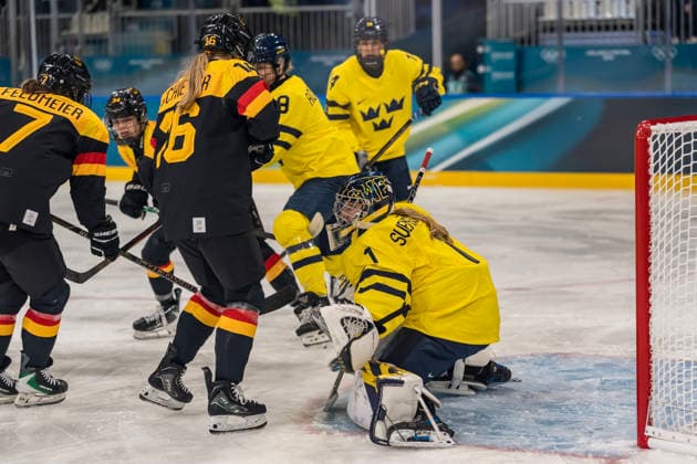 February 5, 2026, Milan, Lombardy, Italy: goalkeeper Ebba Svensson Traff 1 of Team Sweden saves a goal against Team Germany in the Preliminary Round Group B at the Milano Ice Park in Rho in MILAN, Italy during the 2026 Milano Corntina Winter Olympics. Milan Italy - ZUMAa161 20260205_oly_a161_019 Copyright: xWalterxG.xArcex