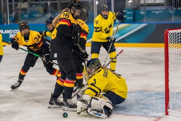 February 5, 2026, Milan, Lombardy, Italy: goalkeeper Ebba Svensson Traff 1 of Team Sweden saves a goal against Team Germany in the Preliminary Round Group B at the Milano Ice Park in Rho in MILAN, Italy during the 2026 Milano Corntina Winter Olympics. Milan Italy - ZUMAa161 20260205_oly_a161_022 Copyright: xWalterxG.xArcex
