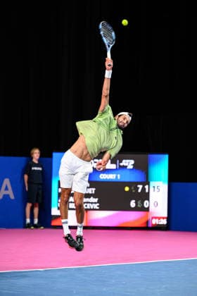 February 5, 2026, Perols, Montpellier, Occitanie, France: Titouan Droguet of France delivers a serve during his match against Aleksandar Kovacevic of the United States at Open Occitanie on February 5, 2026, at Sud de France Arena in Montpellier, France. Perols, Montpellier France - ZUMAc313 20260205_zsp_c313_006 Copyright: xFaresxChafaix