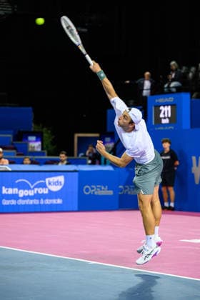 February 5, 2026, Perols, Montpellier, Occitanie, France: Tallon Griekspoor of Netherlands delivers a serve during his match against Pablo Carreno Busta of Spain at Open Occitanie on February 5, 2026, at Sud de France Arena in Montpellier, France. Perols, Montpellier France - ZUMAc313 20260205_zsp_c313_010 Copyright: xFaresxChafaix