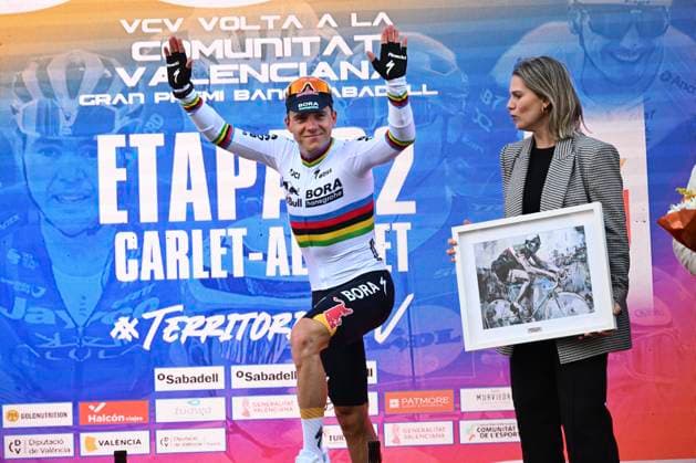Tour of Valencia 2026 Stage 2 ALGINET, SPAIN - FEBRUARY 05 : Evenepoel Remco (BEL) of Red Bull BORA Hansgrohe pictured during the podium ceremony of stage 2 of the 77th edition of Volta a la Comunitat Valenciana an UCI ProSeries 2.Pro Individual Time Trial stage for Men Elite of 17.5 km with start in Carlet and finish in Alginet on February 5, 2026 in Alginet, Spain, 05 02 2026 Alginet Spain  Copyright: xVincentxKalutx