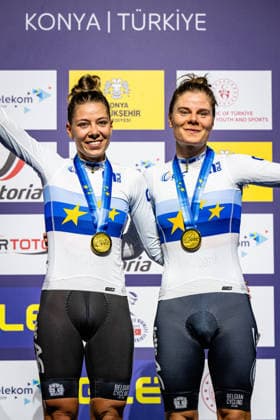 BOSSUYT Shari, KOPECKY Lotte UEC Track Cycling European Championships Konya 2026 BOSSUYT Shari KOPECKY Lotte BEL Belgium Winner First Place Award Ceremony Medal Ceremony Podium Portrait Portrait Portrait Event Event UEC Track Cycling European Championships 2026 Category Category Cycling Track Cycling European Championships Location Location Asia Türkiye Konya Discipline Madison Category Elite Women Distance 30 km Date Date 05 02 2026 Thursday Day 5