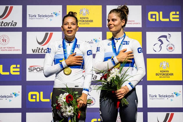 BOSSUYT Shari, KOPECKY Lotte UEC Track Cycling European Championships Konya 2026 BOSSUYT Shari KOPECKY Lotte BEL Belgium Winner First Place Award Ceremony Medal Ceremony Podium Landscape horizontal Landscape Event Event UEC Track Cycling European Championships 2026 Category Category Cycling Track Cycling European Championships Location Location Asia Türkiye Konya Discipline Madison Category Elite Women Distance 30 km Date Date 05 02 2026 Thursday Day 5