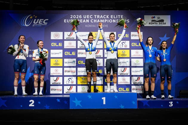 ARCHIBALD Katie, MORRIS Anna, BOSSUYT Shari, KOPECKY Lotte, VENTURELLI Federica, BALSAMO Elisa UEC Track Cycling European Championships Konya 2026 ARCHIBALD Katie MORRIS Anna GBR Great Britain Second Place BOSSUYT Shari KOPECKY Lotte BEL Belgium Winner First Place VENTURELLI Federica BALSAMO Elisa ITA Italy Third Place Award Ceremony Medal Ceremony Podium landscape format horizontal Landscape Event Event UEC Track Cycling European Championships 2026 Category Category Cycling Track Cycling European Championships Location Location Asia Türkiye Konya Discipline Madison Category Elite Women Distance 30 km Date Date 05 02 2026 Thursday Day 5