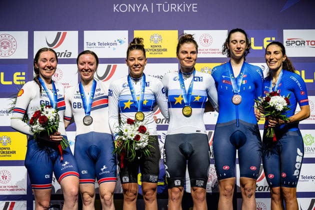 ARCHIBALD Katie, MORRIS Anna, BOSSUYT Shari, KOPECKY Lotte, VENTURELLI Federica, BALSAMO Elisa UEC Track Cycling European Championships Konya 2026 ARCHIBALD Katie MORRIS Anna GBR Great Britain Second Place BOSSUYT Shari KOPECKY Lotte BEL Belgium Winner First Place VENTURELLI Federica BALSAMO Elisa ITA Italy Third Place Award Ceremony Medal Ceremony Podium landscape format horizontal Landscape Event Event UEC Track Cycling European Championships 2026 Category Category Cycling Track Cycling European Championships Location Location Asia Türkiye Konya Discipline Madison Category Elite Women Distance 30 km Date Date 05 02 2026 Thursday Day 5