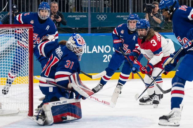From left goalie of USA Aerin Frankel, Adela Sapovalivova of Czech Republic (white) in action during the women s preliminary round Group A Ice hockey, Eishockey match between USA and Czech Republic at the Milano Rho Ice Hockey Arena during the Milano Cortina 2026 Winter Olympic Games, Olympische Spiele, Olympia, OS in Milan, on February 5, 2026. (CTKxPhoto MichalxKamaryt) CTKPhotoP2026020507537  CTKPhotoP2026020507537