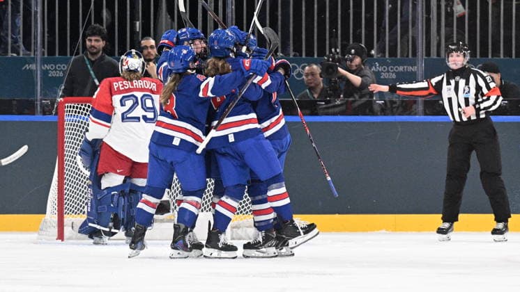 Hockey players of USA celebrate third goal during the women s preliminary round Group A Ice hockey, Eishockey match between USA and Czech Republic at the Milano Rho Ice Hockey Arena during the Milano Cortina 2026 Winter Olympic Games, Olympische Spiele, Olympia, OS in Milan, on February 5, 2026. At left is Czech goalie Klara Peslarova. (CTKxPhoto MichalxKamaryt) CTKPhotoP2026020507778  CTKPhotoP2026020507778