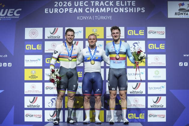 2026 UEC Track cycling, Rad, Radsport, Bahnrad, Bahn European Championships in Konya KONYA, TURKIYE - FEBRUARY 5: (L-R)Silver medalist Harrie Lavreysen, gold medalist Matthew Richardson and bronze medalist Lowie Nulens celebrate on podium after finishing keirin race on the final day of the 2026 UEC Track Cycling European Championships at the Konya Olympic Velodrome in Konya, Turkiye on February 5, 2026. Dilara Irem Sancar Anadolu Konya Turkey. Editorial use only. Please get in touch for any other usage.  Copyright: x2026xAnadoluxDilaraxIremxSancarx