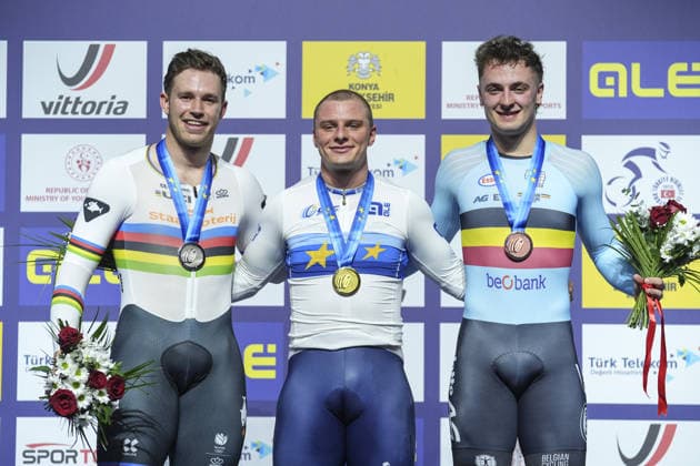 2026 UEC Track cycling, Rad, Radsport, Bahnrad, Bahn European Championships in Konya KONYA, TURKIYE - FEBRUARY 5: (L-R)Silver medalist Harrie Lavreysen, gold medalist Matthew Richardson and bronze medalist Lowie Nulens celebrate on podium after finishing keirin race on the final day of the 2026 UEC Track Cycling European Championships at the Konya Olympic Velodrome in Konya, Turkiye on February 5, 2026. Dilara Irem Sancar Anadolu Konya Turkey. Editorial use only. Please get in touch for any other usage.  Copyright: x2026xAnadoluxDilaraxIremxSancarx