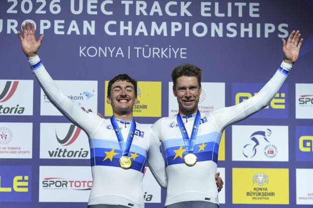 2026 UEC Track cycling, Rad, Radsport, Bahnrad, Bahn European Championships in Konya KONYA, TURKIYE - FEBRUARY 5: Gold medalist Team Germany celebrate on podium after finishing madison race on the final day of the 2026 UEC Track Cycling European Championships at the Konya Olympic Velodrome in Konya, Turkiye on February 5, 2026. Dilara Irem Sancar Anadolu Konya Turkey. Editorial use only. Please get in touch for any other usage.  Copyright: x2026xAnadoluxDilaraxIremxSancarx