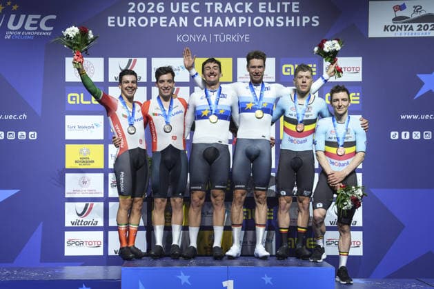 2026 UEC Track cycling, Rad, Radsport, Bahnrad, Bahn European Championships in Konya KONYA, TURKIYE - FEBRUARY 5: (L-R)Silver medalist Team Portugal, gold medalist Team Germany and bronze medalist Team Belgium celebrate on podium after finishing madison race on the final day of the 2026 UEC Track Cycling European Championships at the Konya Olympic Velodrome in Konya, Turkiye on February 5, 2026. Dilara Irem Sancar Anadolu Konya Turkey. Editorial use only. Please get in touch for any other usage.  Copyright: x2026xAnadoluxDilaraxIremxSancarx