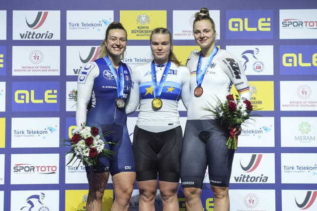 2026 UEC Track cycling, Rad, Radsport, Bahnrad, Bahn European Championships in Konya KONYA, TURKIYE - FEBRUARY 5: (L-R) Silver medalist Mathilde Gros, gold medalist Alina Lysenko and bronze medalist Lea Sophie Friedrich celebrate on podium after finishing women s keirin race on the final day of the 2026 UEC Track Cycling European Championships at the Konya Olympic Velodrome in Konya, Turkiye on February 5, 2026. Dilara Irem Sancar Anadolu Konya Turkey. Editorial use only. Please get in touch for any other usage.  Copyright: x2026xAnadoluxDilaraxIremxSancarx