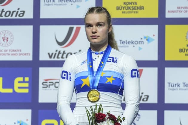 2026 UEC Track cycling, Rad, Radsport, Bahnrad, Bahn European Championships in Konya KONYA, TURKIYE - FEBRUARY 5: Gold medalist Alina Lysenko celebrates on podium after finishing women s keirin race on the final day of the 2026 UEC Track Cycling European Championships at the Konya Olympic Velodrome in Konya, Turkiye on February 5, 2026. Dilara Irem Sancar Anadolu Konya Turkey. Editorial use only. Please get in touch for any other usage.  Copyright: x2026xAnadoluxDilaraxIremxSancarx