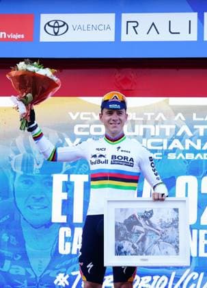 Belgian Remco Evenepoel of Red Bull-BORA-hansgrohe celebrates on the podium as he won stage 2 of the 2026 Volta Comunitat Valenciana, Tour of Valencia cycling race, a time-trial from Carlet to Alginet (17,5 km), on Thursday 05 February 2026 in Spain. The race takes place from 4 to 8 February and runs through the three provinces of the Valencian Community. JOMAxGARCIA  x161281622x