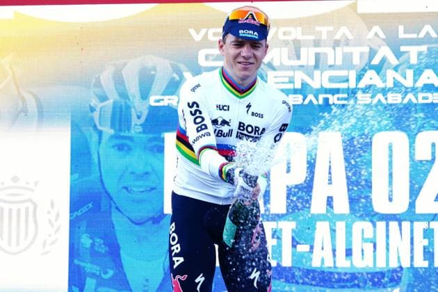Belgian Remco Evenepoel of Red Bull-BORA-hansgrohe celebrates on the podium after winning stage 2 of the 2026 Volta Comunitat Valenciana, Tour of Valencia cycling race, a time-trial from Carlet to Alginet (17,5 km), on Thursday 05 February 2026 in Spain. The race takes place from 4 to 8 February and runs through the three provinces of the Valencian Community. JOMAxGARCIA  x161282737x