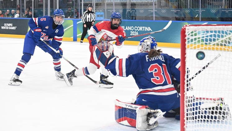 From left Megan Keller of USA, Czech Tereza Vanisova, Aerin Frankel of USA in action during the women s preliminary round Group A Ice hockey, Eishockey match between USA and Czech Republic at the Milano Rho Ice Hockey Arena during the Milano Cortina 2026 Winter Olympic Games, Olympische Spiele, Olympia, OS in Milan, on February 5, 2026. (CTKxPhoto MichalxKamaryt) CTKPhotoP2026020507972  CTKPhotoP2026020507972