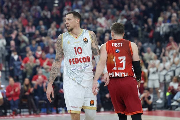 Daniel Theis AS Monaco, 10 with Andreas Obst FC Bayern Basketball, 13 , GER, FC Bayern Basketball vs AS Monaco, Basketball, Euroleague, Matchday 27, Season 2025 2026, 05 02 2026, GER, FC Bayern Basketball vs AS Monaco, Basketball, Euroleague, Matchday 27, Season 2025 2026, 05 02 2026 Munich Copyright: xEibner-Pressefoto JennixMaulx EP_JML