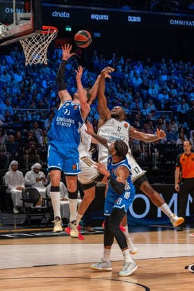 Dubai Basketball v Real Madrid - EuroLeague: DUBAI, UNITED ARAB EMIRATES – FEBRUARY 5: Real Madrid s Mario Hezonja (left) competes for the ball with Mfiondu Kabengele (right) of Dubai Basketball during the EuroLeague 2025–26 regular season game at Coca-Cola Arena in Dubai, United Arab Emirates on February 5, 2026. Waleed Zein Anadolu Dubai United Arab Emirates. Editorial use only. Please get in touch for any other usage.  Copyright: x2026xAnadoluxWaleedxZeinx