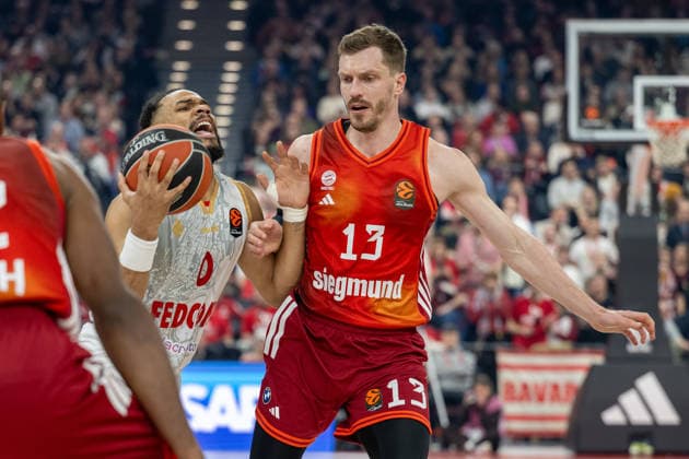 Elie Okobo 0 AS Monaco Basket in duel with Andreas Obst 13 FC Bayern Basketball , FC Bayern Basketball vs AS Monaco Basket, EuroLeague 27 Matchday, 05 02 2026 Munich Bavaria Germany Copyright: xkolbert-press UlrichxGamelx