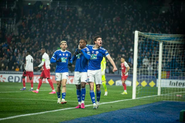 FOOTBALL: Coupe de France Racing Strasbourg (RCS) vs As Monaco. 05 02 2026 Stade de la Meinau. Strasbourg - France Joie des joueurs de l equipe de Racing Strasbourg apres le but de Martial Godo 20 (RCS) but  Copyright: xx