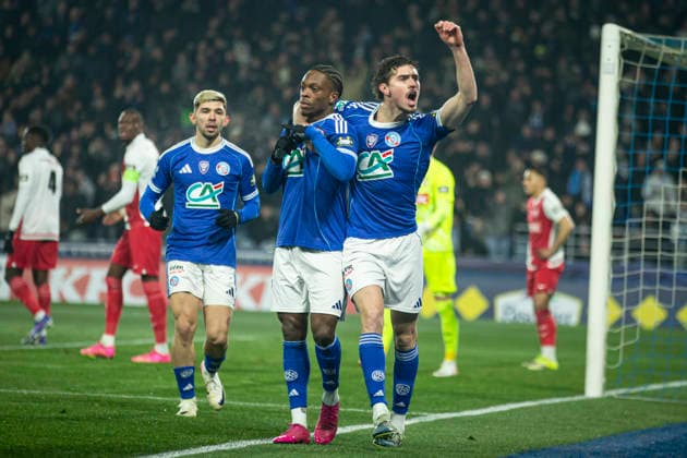 FOOTBALL: Coupe de France Racing Strasbourg (RCS) vs As Monaco. 05 02 2026 Stade de la Meinau. Strasbourg - France Joie des joueurs de l equipe de Racing Strasbourg apres le but de Martial Godo 20 (RCS) but  Copyright: xx