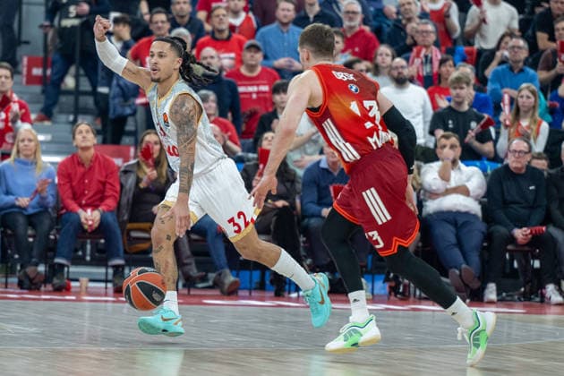 Matthew Strazel 32 AS Monaco Basket , Andreas Obst 13 FC Bayern Basketball , FC Bayern Basketball vs AS Monaco Basket, EuroLeague 27 Matchday, 05 02 2026 Munich Bavaria Germany Copyright: xkolbert-press UlrichxGamelx