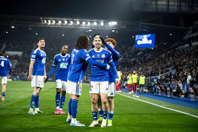 FOOTBALL: Coupe de France Racing Strasbourg (RCS) vs As Monaco. 05 02 2026 Stade de la Meinau. Strasbourg - France Joie des joueurs de l equipe de Racing Strasbourg apres le but de Julio Encisco (RCS)  Copyright: xElyxandroxCEGARRAx