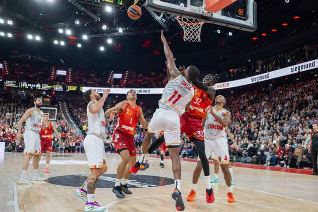 Oscar da Silva 1 FC Bayern Basketball , Alpha Diallo 11 AS Monaco Basket , Wenyen Gabriel 32 FC Bayern Basketball , Jaron Blossomgame 4 AS Monaco Basket , FC Bayern Basketball vs AS Monaco Basket, EuroLeague 27 Matchday, 05 02 2026 Munich Bavaria Germany Copyright: xkolbert-press UlrichxGamelx