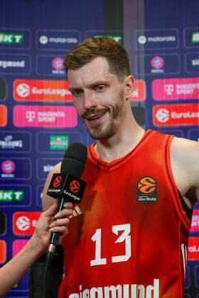 Andreas Obst FC Bayern Basketball, 13 laughs during the post-match interview, GER, FC Bayern Basketball vs AS Monaco, Basketball, Euroleague, Matchday 27, Season 2025 2026, 05 02 2026, GER, FC Bayern Basketball vs AS Monaco, Basketball, Euroleague, Matchday 27, Season 2025 2026, 05 02 2026 Munich Copyright: xEibner-Pressefoto JennixMaulx EP_JML
