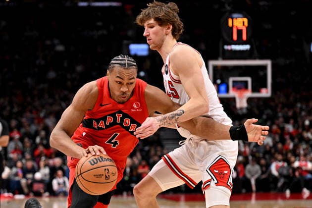 February 5, 2026, Toronto, On, Canada: Toronto Raptors Scottie Barnes (4) drives past Chicago Bulls Matas Buzelis (14) during second half NBA, Basketball Herren, USA basketball game action in Toronto on Thursday, Feb. 5, 2026. Scottie Barnes, Matas Buzelis  - ZUMAc35_ 20260205_zaf_c35_161 Copyright: xJonxBlackerx