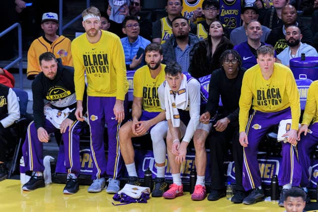 February 5, 2026, Los Angeles, California, USA: (L-R) Luka Doncic 77, Drew Timme 17, Maxi Kleber 14, Jake LaRavia 12, Adou Thiero 1 and Dalton Knecht 4 of the Los Angeles Lakers on the bench with shirts celebrating Black History Month during their regular season NBA, Basketball Herren, USA game against the Philadelphia 76ers on Thursday February 5, 2026 at Crypto.com Arena in Los Angeles, California. ARIANA RUIZ PI Los Angeles USA - ZUMAp124 20260205_zaa_p124_001 Copyright: xArianaxRuizx