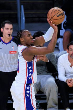 February 5, 2026, Los Angeles, California, USA: Tyrese Maxey 0 of the Philadelphia 76ers makes a three point shot attempt during their regular season NBA, Basketball Herren, USA game against the Los Angeles Lakers on Thursday February 5, 2026 at Crypto.com Arena in Los Angeles, California. ARIANA RUIZ PI Los Angeles USA - ZUMAp124 20260205_zaa_p124_007 Copyright: xArianaxRuizx