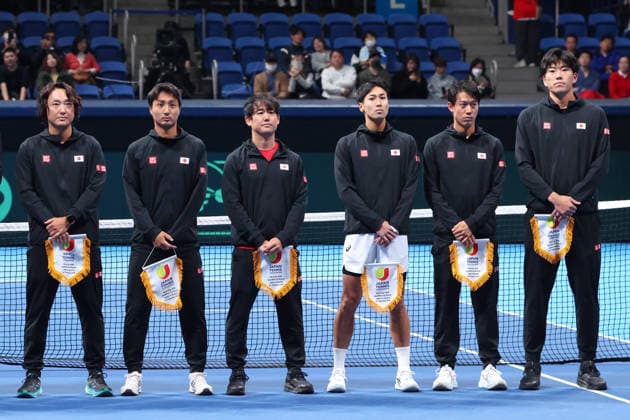 (L-R) Go Soeda, Shintaro Mochizuki, Yoshihito Nishioka, Yosuke Watanuki, Kei Nishikori, Takeru Yuzuki (JPN), FEBRUARY 6, 2026 - Tennis : 2026 Davis Cup Final Qualifier Round 1 between Japan - Austria at Ariake Colosseum, Tokyo, Japan. Noxthirdxpartyxsales  aflo_318651610