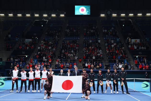 (L-R) Austria team group, Mannschaftsbild, Totale Japan team group, FEBRUARY 6, 2026 - Tennis : 2026 Davis Cup Final Qualifier Round 1 between Japan - Austria at Ariake Colosseum, Tokyo, Japan. Noxthirdxpartyxsales  aflo_318651635