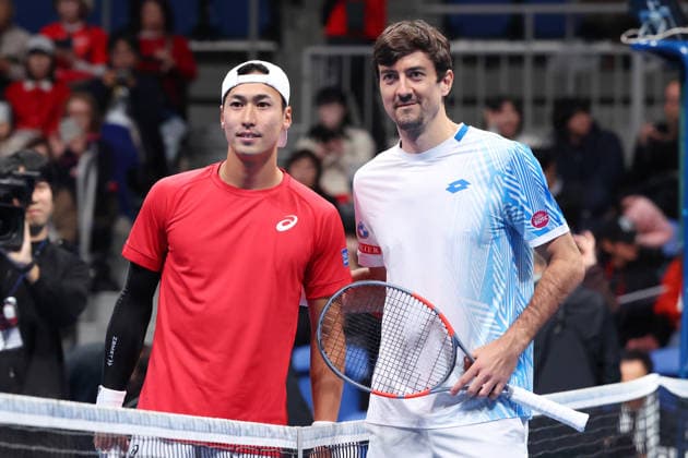 (L-R) Yosuke Watanuki (JPN), Sebastian Ofner (AUT), FEBRUARY 6, 2026 - Tennis : 2026 Davis Cup Final Qualifier Round 1 between Japan - Austria at Ariake Colosseum, Tokyo, Japan. Noxthirdxpartyxsales  aflo_318651653