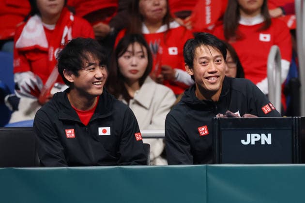 (L-R) Yoshihito Nishioka, Kei Nishikori (JPN), FEBRUARY 6, 2026 - Tennis : 2026 Davis Cup Final Qualifier Round 1 between Japan - Austria at Ariake Colosseum, Tokyo, Japan. Noxthirdxpartyxsales  aflo_318652000