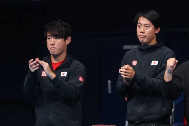(L-R) Yoshihito Nishioka, Kei Nishikori (JPN), FEBRUARY 6, 2026 - Tennis : 2026 Davis Cup Final Qualifier Round 1 between Japan - Austria at Ariake Colosseum, Tokyo, Japan. Noxthirdxpartyxsales  aflo_318656697