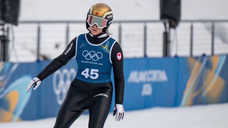 OLYMPICS - Winter Olympic Games, Olympische Spiele, Olympia, OS Milano Cortina 2026 VAL DI FIEMME,ITALY,06.FEB.26 - OLYMPICS, Ski jumping, Skispringen, Ski, nordisch - Winter Olympic Games Milano Cortina 2026, preview, normal hill, training, women. Image shows Abigail Strate (CAN).  GEPAxpictures xOliverxLerch