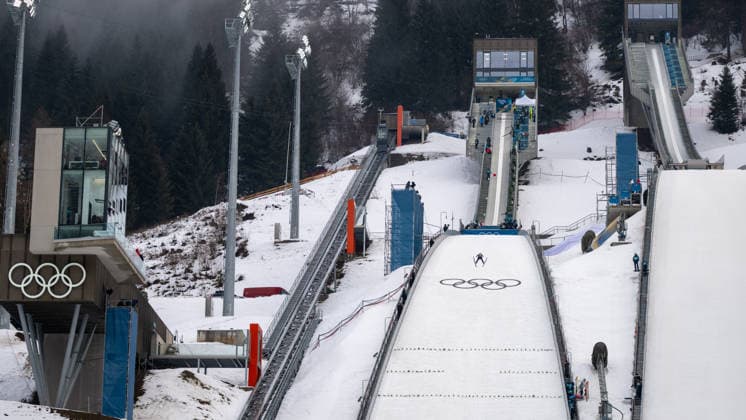 OLYMPICS - Winter Olympic Games, Olympische Spiele, Olympia, OS Milano Cortina 2026 VAL DI FIEMME,ITALY,06.FEB.26 - OLYMPICS, Ski jumping, Skispringen, Ski, nordisch - Winter Olympic Games Milano Cortina 2026, preview, normal hill, training, women. Image shows an overview of the normal hill and long jumping hill.  GEPAxpictures xOliverxLerch