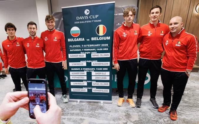 Belgian captain Steve Darcis, Belgian Joran Vliegen, Belgian Raphael Collignon, Belgian Sander Gille, Belgian Alexander Blockx and Belgian Gilles-Arnaud Bailly pose for Belgian Team Manager Cecile Parent aftera a press conference, PK, Pressekonferenz of the Belgian team, Friday 06 February 2026, in Plovdiv, Bulgaria. Belgium will compete this weekend in the Davis Cup qualifiers against Bulgaria. BENOITxDOPPAGNE  x161465929x