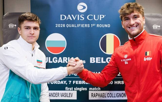 Bulgarian Alexander Vasilev and Belgian Raphael Collignon pictured aftera a press conference, PK, Pressekonferenz of the Belgian team, Friday 06 February 2026, in Plovdiv, Bulgaria. Belgium will compete this weekend in the Davis Cup qualifiers against Bulgaria. BENOITxDOPPAGNE  x161465943x