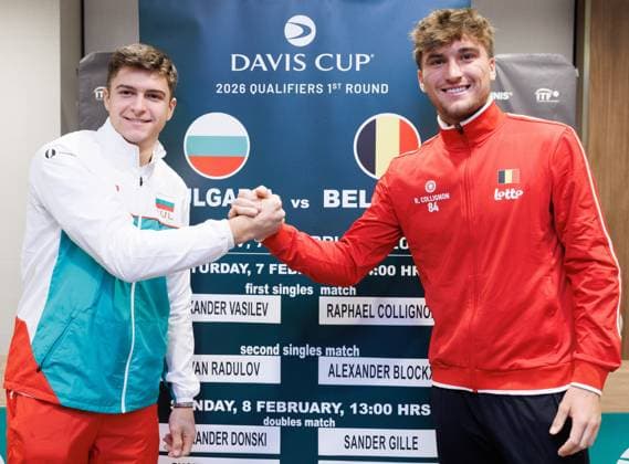 Bulgarian Alexander Vasilev and Belgian Raphael Collignon pictured aftera a press conference, PK, Pressekonferenz of the Belgian team, Friday 06 February 2026, in Plovdiv, Bulgaria. Belgium will compete this weekend in the Davis Cup qualifiers against Bulgaria. BENOITxDOPPAGNE  x161465971x