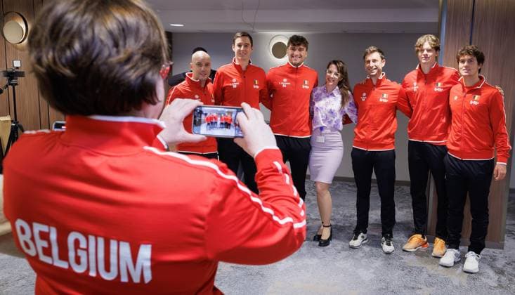 Belgian captain Steve Darcis, Belgian Joran Vliegen, Belgian Raphael Collignon, Belgian Sander Gille, Belgian Alexander Blockx and Belgian Gilles-Arnaud Bailly pose for Belgian Team Manager Cecile Parent aftera a press conference, PK, Pressekonferenz of the Belgian team, Friday 06 February 2026, in Plovdiv, Bulgaria. Belgium will compete this weekend in the Davis Cup qualifiers against Bulgaria. BENOITxDOPPAGNE  x161465981x