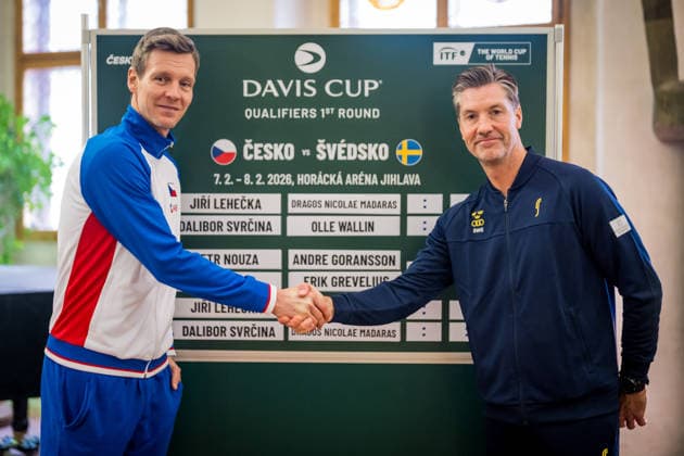 Draw for the Davis Cup qualifying match Czech Republic - Sweden, in Jihlava, Czech Republic, on February 6, 2026. From left: captain of the Czech team Tomas Berdych and captain of the Swedish team Simon Aspelin. (CTKxPhoto JaroslavxSvoboda) CTKPhotoP2026020605061  CTKPhotoP2026020605061