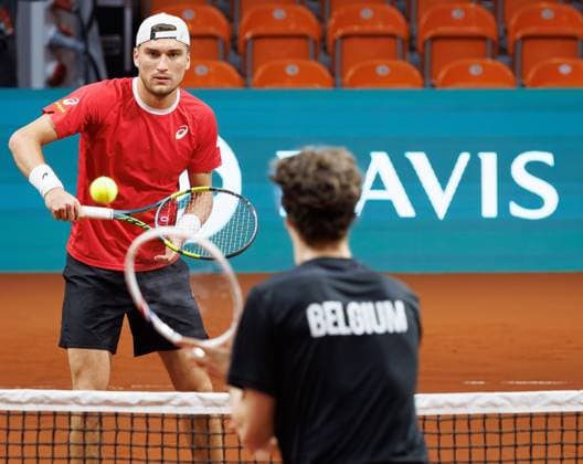 Belgian Raphael Collignon and Belgian Alexander Blockx pictured duringa a training session of the Belgian team, Friday 06 February 2026, in Plovdiv, Bulgaria. Belgium will compete this weekend in the Davis Cup qualifiers against Bulgaria. BENOITxDOPPAGNE  x161483582x