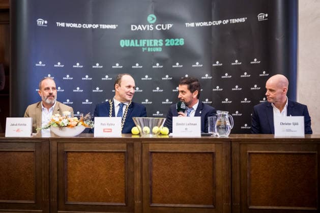 Draw for the Davis Cup qualifying match Czech Republic - Sweden, in Jihlava, Czech Republic, on February 6, 2026. From left: Jakub Kotrba, president of the Czech Tennis Federation, Petr Ryska (ODS), mayor of Jihlava, Dimitri Leifman, chief referee of the match, and Christer Sjoo, secretary of the Swedish Tennis Federation. (CTKxPhoto JaroslavxSvoboda) CTKPhotoP2026020605325 CTKPhotoP2026020605325