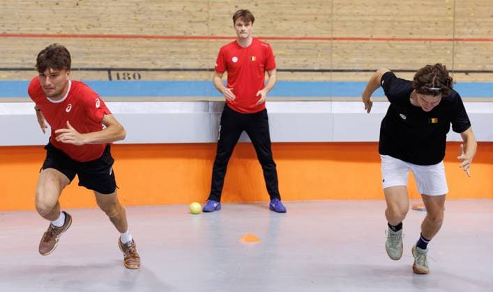 Belgian Raphael Collignon (L) and Belgian Alexander Blockx (R) pictured duringa a training session of the Belgian team, Friday 06 February 2026, in Plovdiv, Bulgaria. Belgium will compete this weekend in the Davis Cup qualifiers against Bulgaria. BENOITxDOPPAGNE  x161483911x