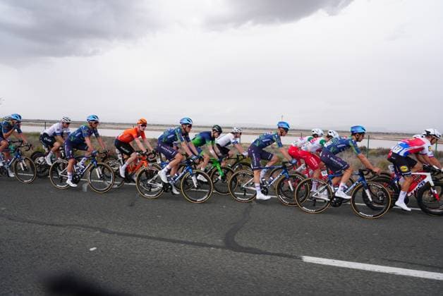 The pack of riders pictured in action during stage 3 of the 2026 Volta Comunitat Valenciana, Tour of Valencia cycling race, a race from Orihuela to San Vicente del Raspeig (158,2 km), on Friday 06 February 2026 in Spain. The race takes place from 4 to 8 February and runs through the three provinces of the Valencian Community. JOMAxGARCIA  x161504252x