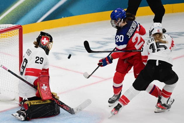 L-R Goalkeeper Saskia Maurer (SUI), Barbora Jurickova (CZE) and Laure Meriguet (SUI) in action during women s Ice hockey, Eishockey match of Group A: Czechia vs Switzerland, at the Milano Cortina 2026 Winter Olympic Games, Olympische Spiele, Olympia, OS in Milan, Italy, on February 6, 2026. (CTKxPhoto MichalxKamaryt) CTKPhotoP2026020606705  CTKPhotoP2026020606705